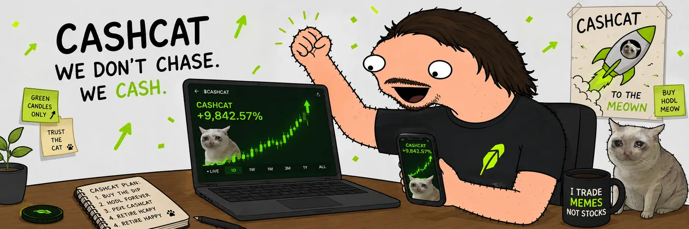 Wide cartoon banner of Vlod celebrating at a trading desk under the slogan We Don't Chase, We Cash