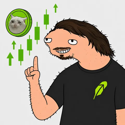 Cartoon Vlod pointing proudly at a neon green crying-cat coin while candlesticks go vertical