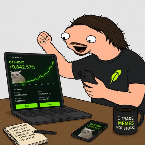 Excited cartoon Vlod fist-pumping at a laptop displaying a completely reasonable 9,842 percent gain