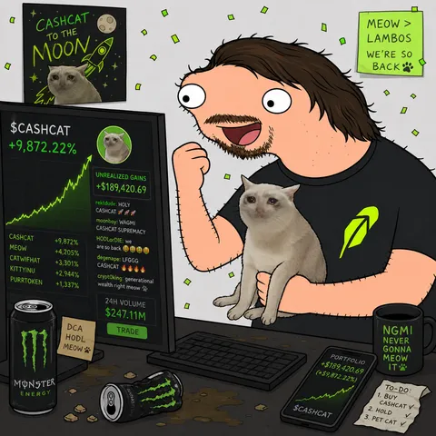 Cartoon Vlod at an overloaded trading battle station with a crying cat, energy drinks, and 189,420 dollars in unrealized gains