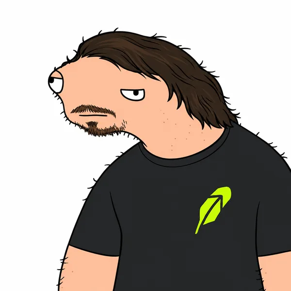 Cartoon Vlod Teneb staring deadpan in a black Robinhood-logo shirt, apparently reviewing your portfolio